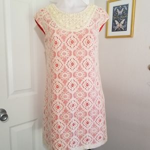 Sandra Darren Lace & Pearls Coral Mini Dress 6P Like New Wedding Season Perfect!